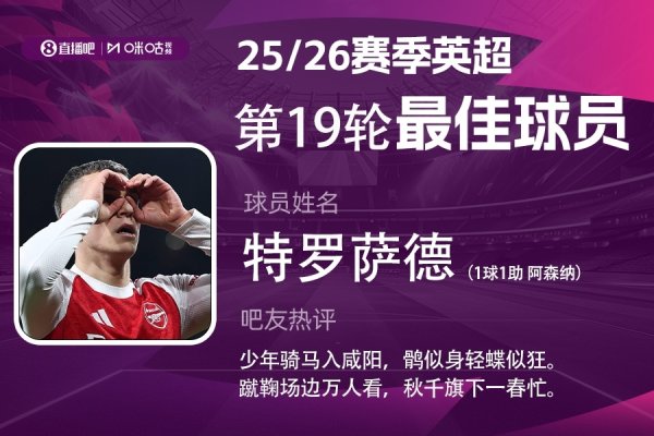 X咪咕体育|英超第19轮MVP：特罗萨德传射 力压队友加布当选